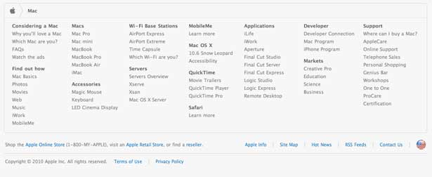 screenshot του υποσέλιδου Mac της Apple