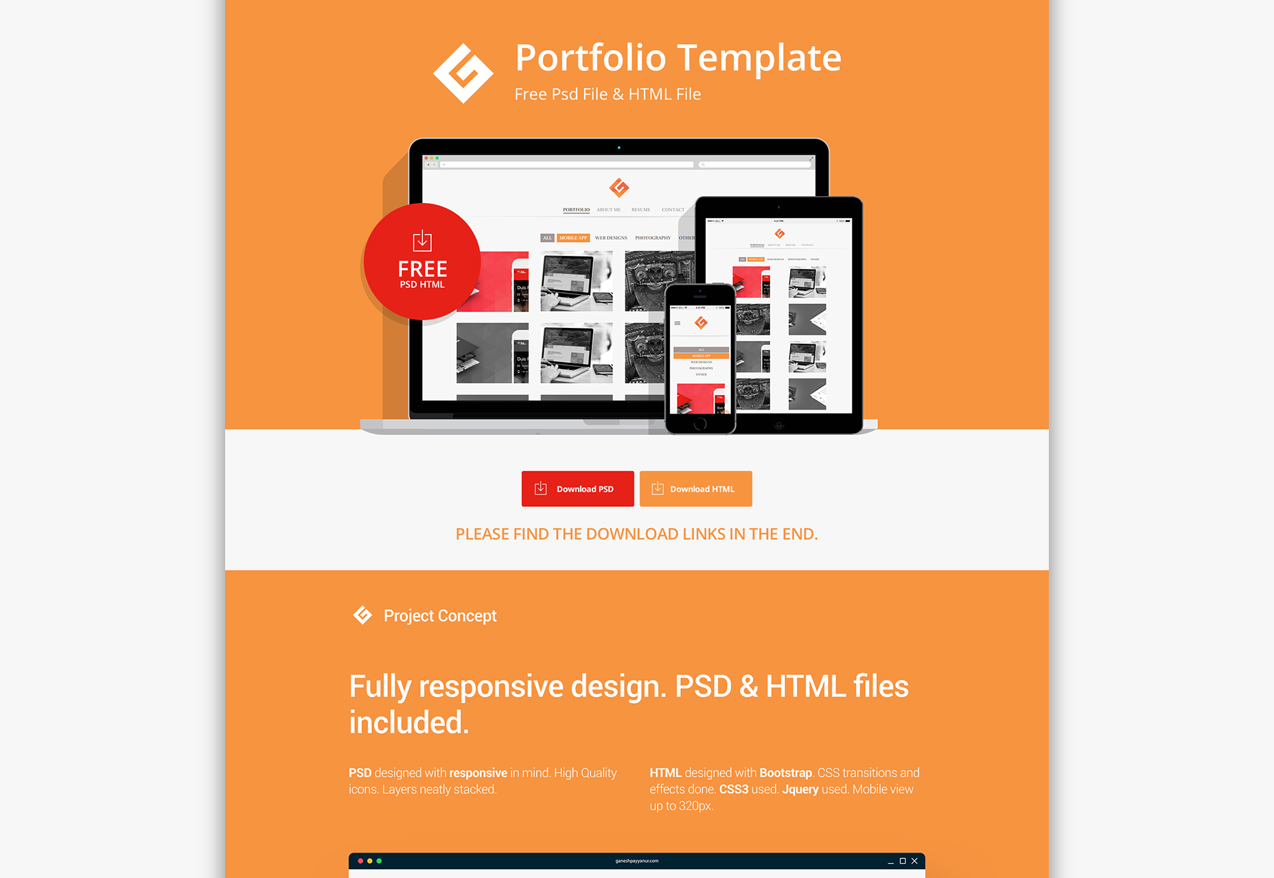 Platte portfolio PSD & HTML-sjabloon