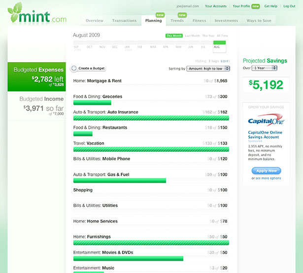 Interfaz de la aplicación Mint