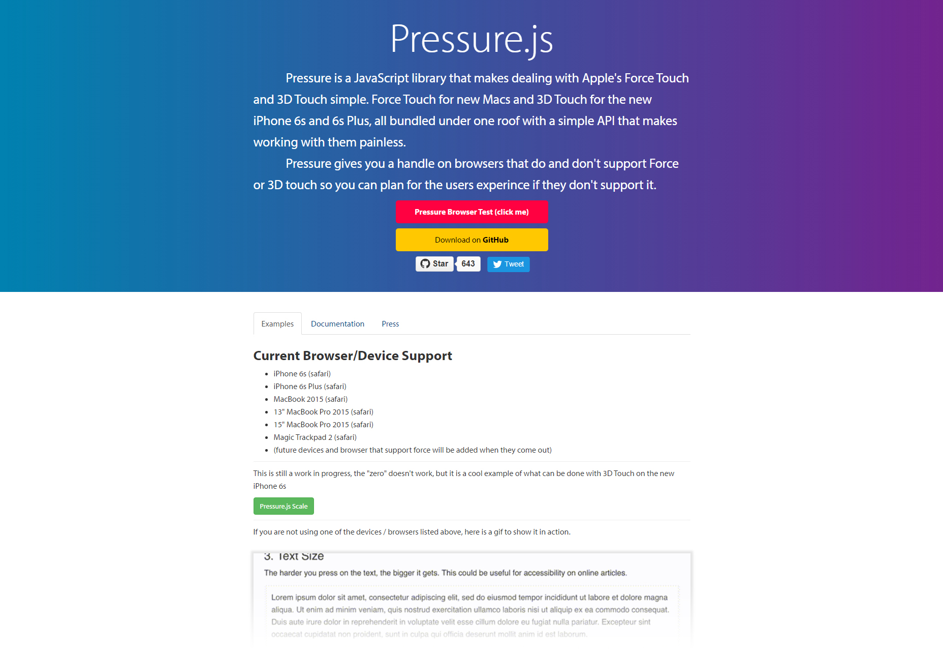 Druck: Einzelne API Force & 3D Touch JavaScript-Bibliothek
