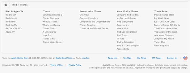 Apple'ın iPod altbilgisinin ekran görüntüsü